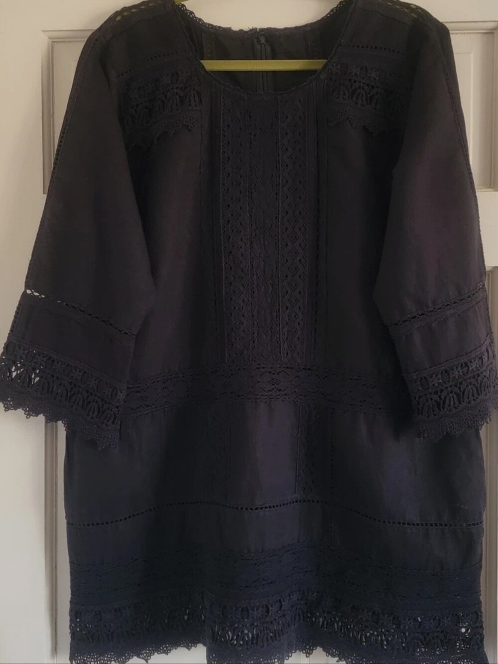Peruvian Connection black Victorian Tunic Top L / XL linen cotton lace $189